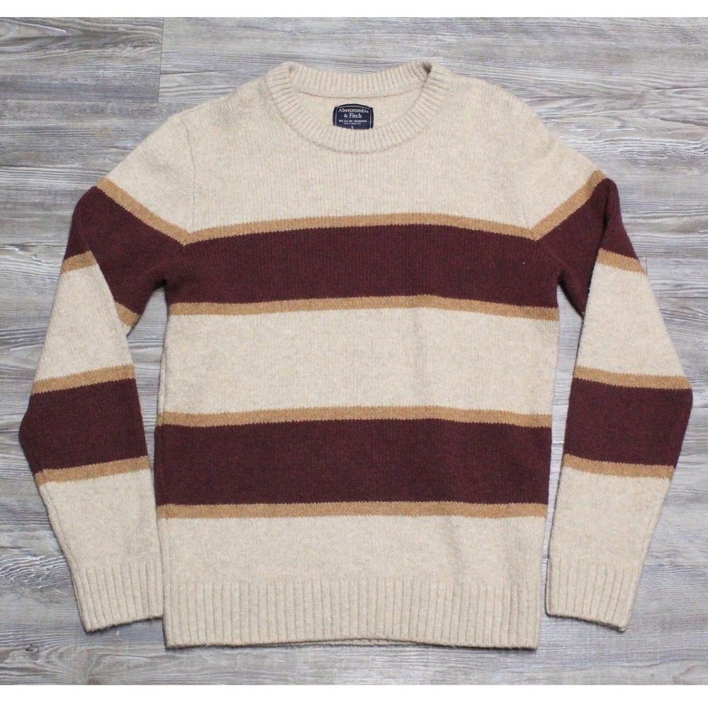 Abercrombie & Fitch Mens S Striped Knit Crewneck Cream Burgundy Striped NWT